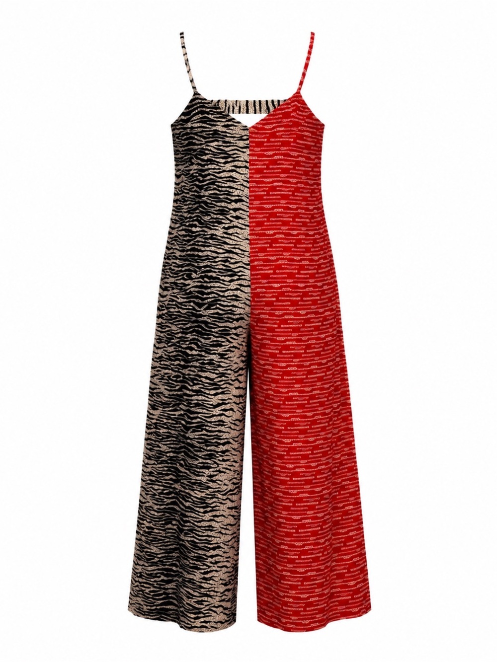 Anthropologie Two-Tone Red and Black Animal-Print Wide-Leg Jumpsuit - Picture 2 of 12